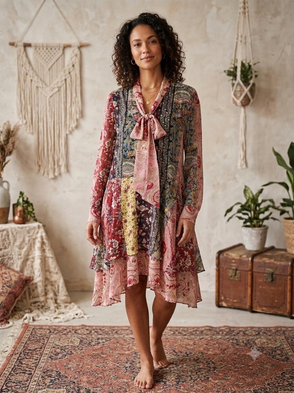 Zara Woman Multicolor Paisley Tie-Neck Dress with Burgundy Accents